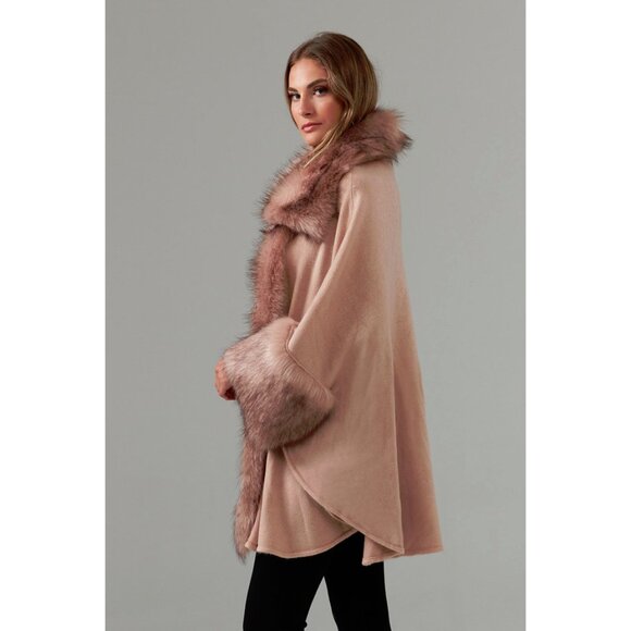 NWOT Joseph Ribkoff nude blush pink knit cape with faux fur accents, OS - Picture 2 of 9